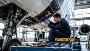 Tekniker inspekterar ett flygplans underrede i en verkstad